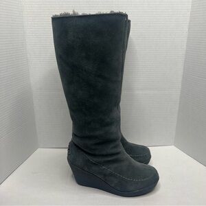 BEARPAW Brighten Tall Wool Lined Gray Suede Zipper Wedge Boots Size 8